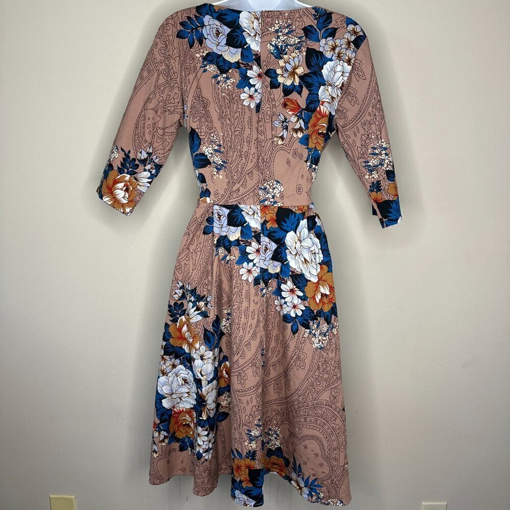 NWOT LAMiU Womens 1950's Retro Rockabilly Dress in Floral Light Brown Size Large - Picture 4 of 11